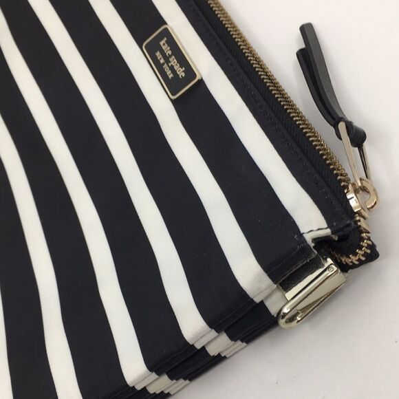 Kate Spade New York Black White Library Stripe Triple Gusset Clutch Makeup Pouch - Picture 3 of 16